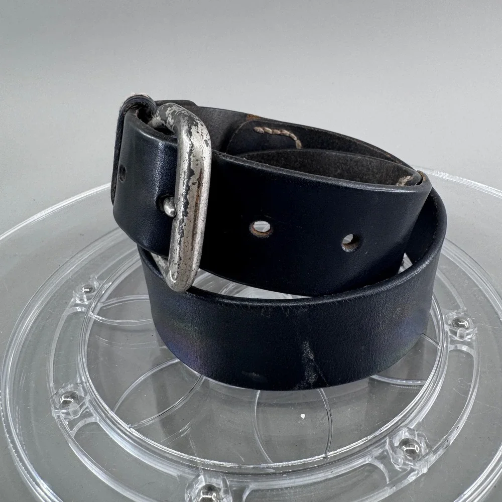 Mens Black Leather Belt Distressed Silver Buckle Whipstitch Detail Size 30-32